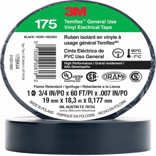 3M 7100188506 - 3M Temflex™ Vinyl Electrical Tape 175, Black, 3/4 in x 60 ft (19 mm x 18 m), 7 mil