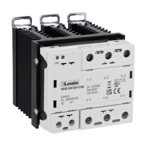 Lovato HS3D5HV024E230 Solid state relay complete with heatsink, three-phase (3 controlled), 24A, 24…255VAC/DC