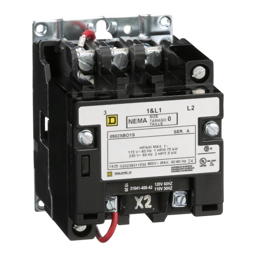 Schneider Electric 8502SBO1V02S NEMA Contactor, Type S, nonreversing, Size 0, 18A, 2 pole, 110/120 VAC 50/60 Hz coil, open style
