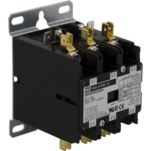 Schneider Electric 8910DPA33V09Y125Y234Y239 Contactor, Definite Purpose, 30A, 3 pole, 20 HP at 575 VAC, 3 Phase, 208/240 VAC 60 Hz 220 VAC 50 Hz coil, CU/AL lugs