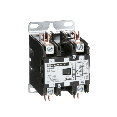 Schneider Electric 8910DPA42V14 Contactor, Definite Purpose, 40A, 2 pole, 7.5 HP at 230 VAC, 1 Phase, 24/24 VAC 50/60 Hz coil, open