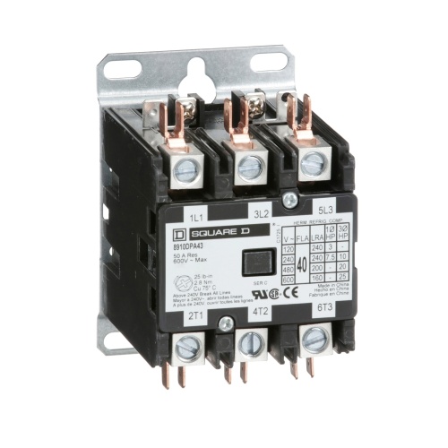 Schneider Electric 8910DPA43V05 Contactor, Definite Purpose, 40A, 3 pole, 25 HP at 575 VAC, 3 Phase, 380 VAC 50 Hz coil, open