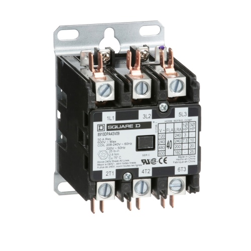 Schneider Electric 8910DPA43V09 Contactor, Definite Purpose, 40A, 3 pole, 25 HP at 575 VAC, 3 Phase, 208/240 VAC 60 Hz 220 VAC 50 Hz coil, open