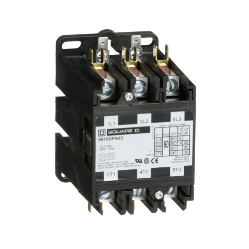 Schneider Electric 8910DPA63V14 Contactor, Definite Purpose, 60A, 3 pole, 30 HP at 575 VAC, 3 Phase, 24/24 VAC 50/60 Hz coil, open