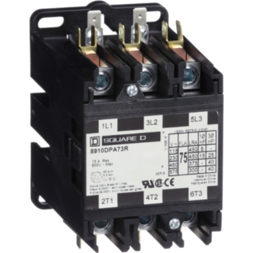 Schneider Electric 8910DPA73RV09 Definite Purpose Contactor - 75 Amp, Three Pole, 208-240 VAC Coil, 3 NO