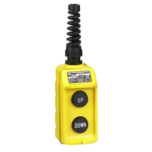 Schneider Electric 9001BW92Y Pendant Station, 2 mechanically interlocked push buttons, NO contacts, UP DOWN, yellow enclosure, 600 VAC 5 A