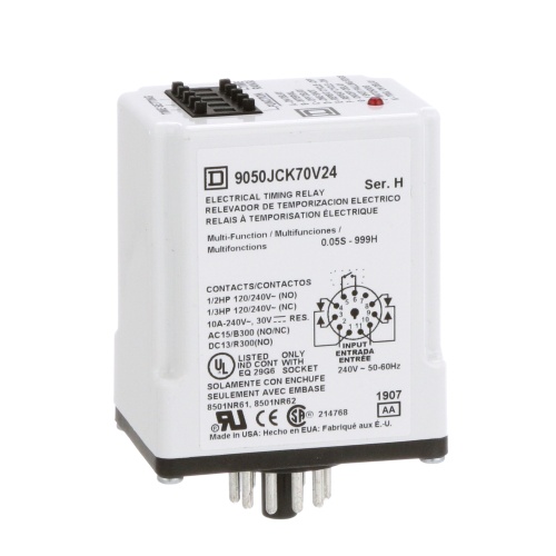 Schneider Electric 9050JCK70V24 Timing Relay, Type JCK, plug In, multifunction, programmable, 0.5 second to 999 hours, 10A, 240 VAC, 240 VAC 50/60 Hz