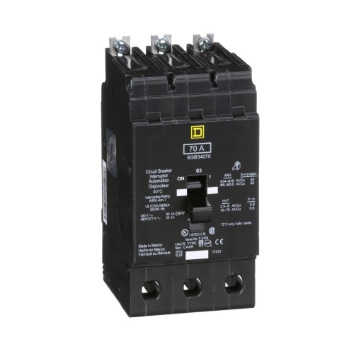 Schneider Electric EGB34070 E Frame, circuit breaker, 70 A, 3 pole, 480Y/277 V, 35/65 kA, bolt on