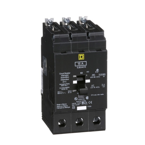 Schneider Electric EJB34015 E Frame, circuit breaker, 15 A, 3 pole, 480Y/277 V, 65/100 kA, bolt on