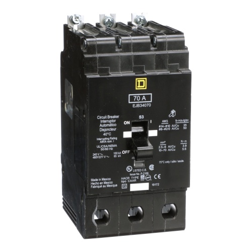 Schneider Electric EJB34070 E Frame Breaker, 70 A, 3 P, 480Y/277 V, 65/100 kA, bolt on mounting