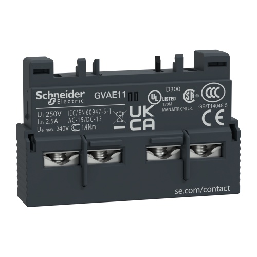 Schneider Electric GVAE11 TeSys GV2 and GV3 Manual Starter and Protector, auxiliary contact block, 1 NO and 1 NC, top mount, screw clamp