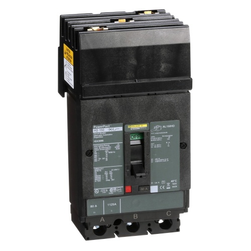 Schneider Electric HDA36080 Circuit breaker, PowerPact H, I Line, thermal magnetic, 80A, 3 pole, 600V, 14kA, phase ABC