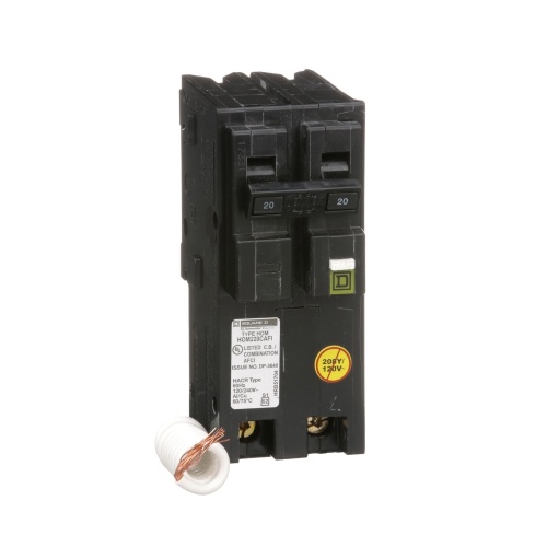 Schneider Electric HOM220CAFI Mini circuit breaker, Homeline, 20A, 2 pole, 120 VAC, 10 kA AIR, combo arc fault, pigtail neutral, plug in mount