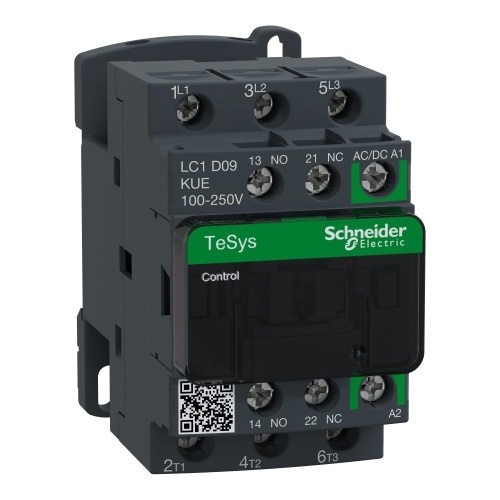 Schneider Electric LC1D09KUE TeSys D Green IEC Non-Reversing contactor, 9 A, 3 P, 5 HP at 480 VAC, nonreversing, 100-250 VAC/VDC coil
