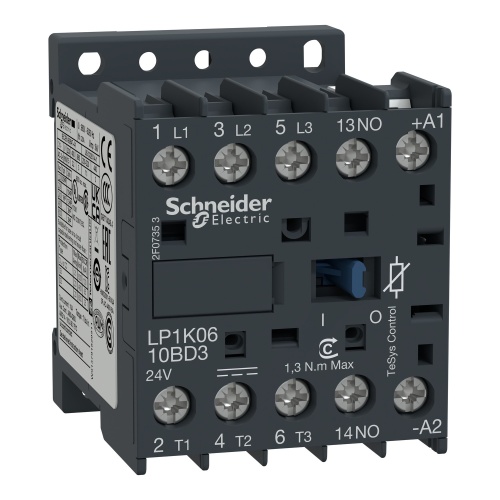 Schneider Electric LP1K0910BD3 TeSys K Non-Reversing contactor - 3P - AC-3 <= 440 V 9 A - 1 NO aux. - 24 V DC coil