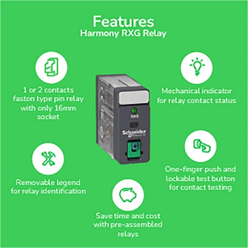 Schneider Electric RXG22ED Relay Plug-In-Electromagnetic - 5A, 2CO, with LED, lockable test but to n, 48V DC